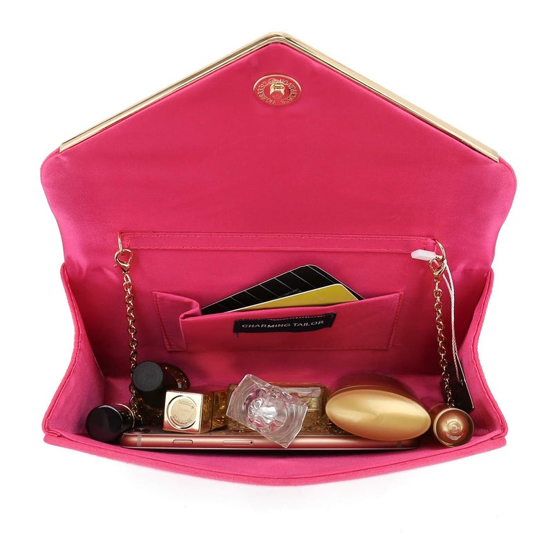 CHARMING TAILOR Faux Suede Clutch Bag Elegant Metal Binding Evening Purse for Wedding/Prom/Black-Tie Events (Fuchsia) - Image 5